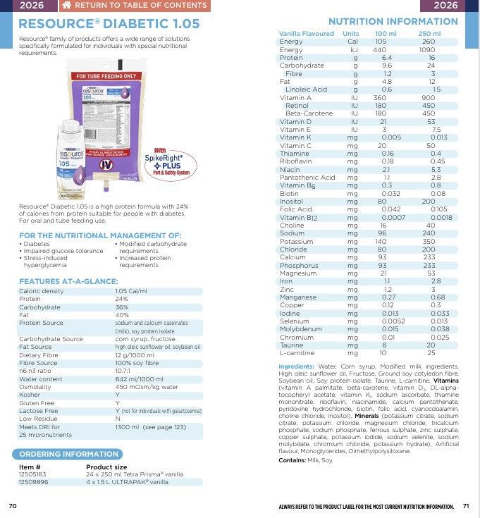 Resource Diabetic 1.05 Tetra Prisma 250ml Vanilla 24% Protein Calories — Nutrition information