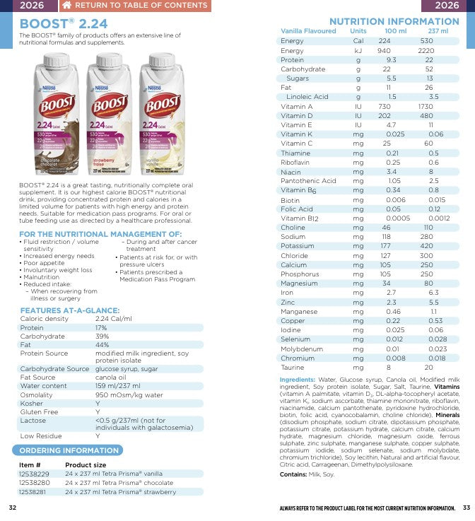 Boost 2.24 Vanilla 237ml HAS 530 Calories 22g Protein 28 Vitamins & Minerals 13g Sugar Tetra P — Nutrition information