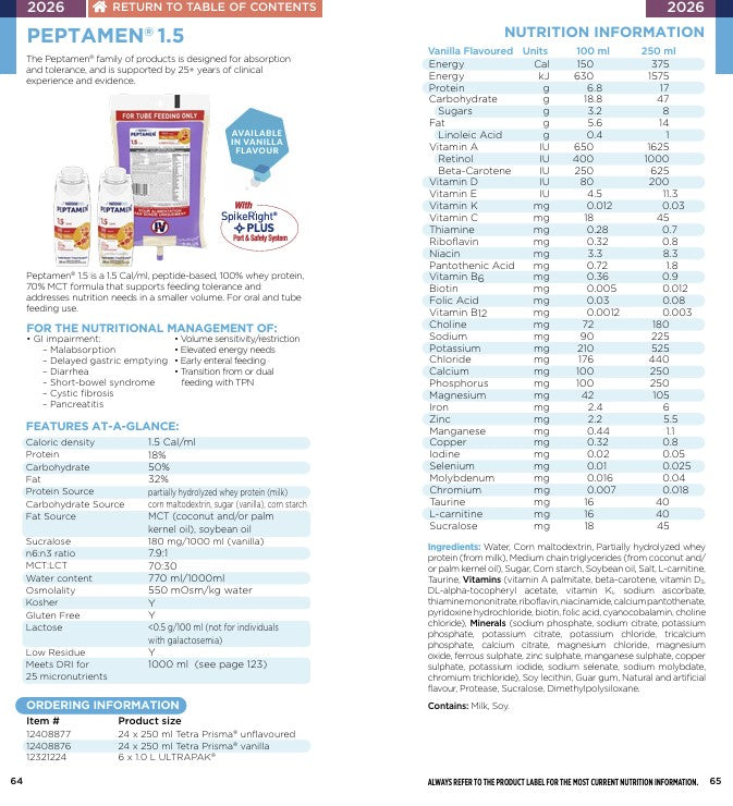 Peptamen 1.5 Spikeright Ultrapak, 6 x 1.0mL. — Nutrition information