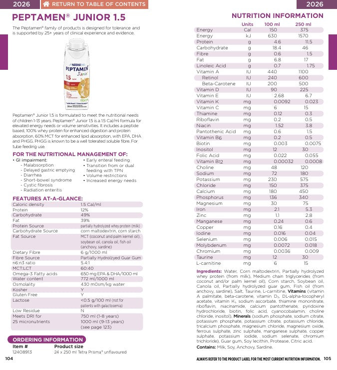 Peptamen Junior 1.5 Unflavored 250ml — Nutrition information