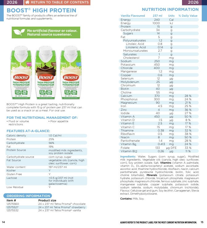 Boost High Protein 237ml Vanilla 15g Protein Oral USE Only — Nutrition information
