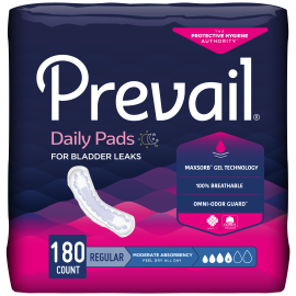Prevail Incontinence Bladder Control Pads for Women, Moderate Absorbency, Regular Length, 180 count