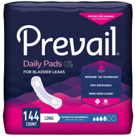 Prevail Incontinence Bladder Control Pads for Women, Moderate Absorbency, Long Length, 144 count