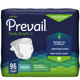 Prevail Incontinence Brief, Unisex, Maximum Absorbency, Size Youth, 96 count