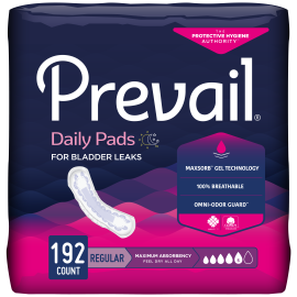 Prevail Incontinence Bladder Control Pads for Women, Maximum Absorbency, Regular Length, 192 count