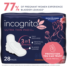 Incognito by Prevail Absorbent 3-in-1 Protective Postpartum Overnight Ultra Thin Pad with Wings for Menstrual and Bladder Leaks, 11 hours of Protection with Odor Guard, 56 Count