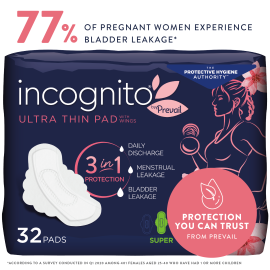 Incognito by Prevail Absorbent 3-in-1 Protective Postpartum Super Absorbent Ultra Thin Pad with Wings for Menstrual and Bladder Leaks, 9 hours of Protection with Odor Guard, 64 Count 