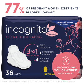 Incognito by Prevail Absorbent 3-in-1 Protective Postpartum Ultra Thin Pad with Wings for Menstrual and Bladder Leaks, 9 hours of Protection with Odor Guard, 72 count