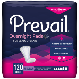 Prevail Incontinence Bladder Control Pads for Women, Overnight Absorbency, Regular Length, 120 count